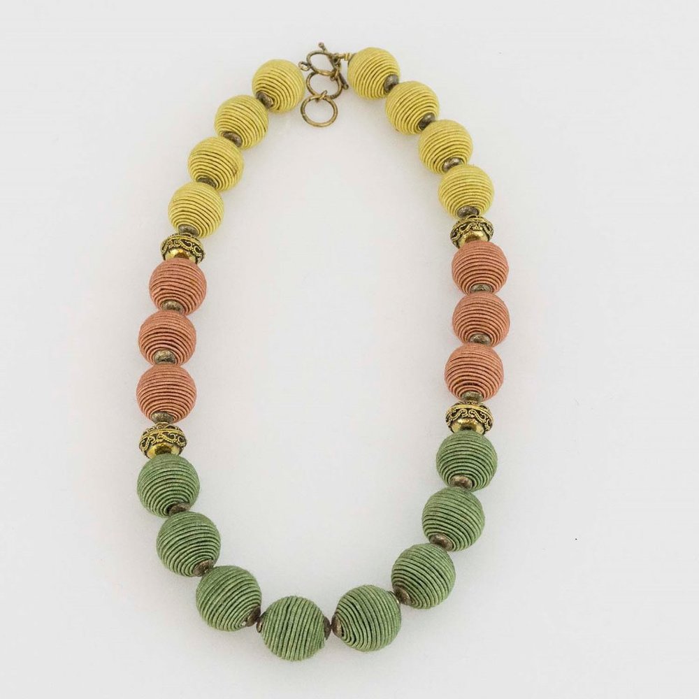 Necklace hand spun beads with filigree caps